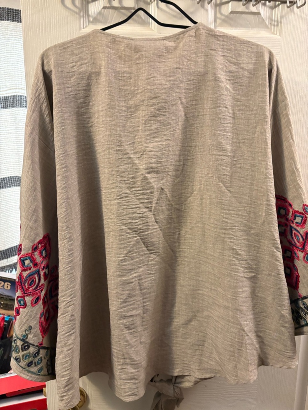New Soft Olivia & Martin V-Neck Tie-Hem Embroidered Sleeve Top - Taupe - Picture 10 of 11